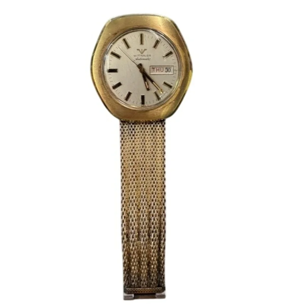 Vintage Wittnauer Automatic Gold Tone Mesh Bracelet Day Date Watch